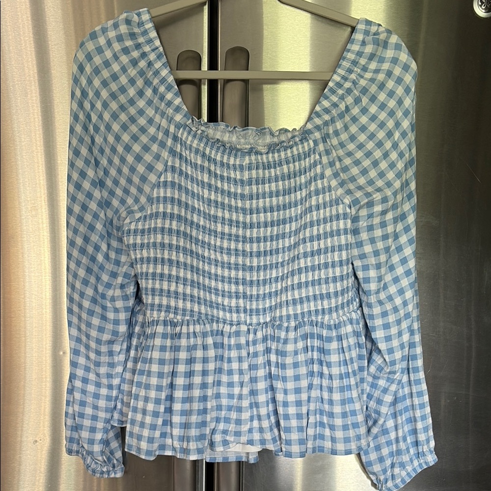 Torrid Blue and White Peplum Blouse with Long Sleeves - Picture 4 of 5